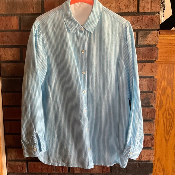 J Jill linen stripped oversized shirt in white and aqua stripes. - Picture 1 of 4